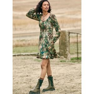 Peruvian Connection Pastorale Long Sleeve Foliage Green Dress Mini Small Pockets